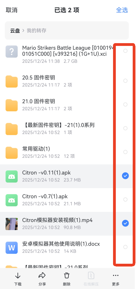 云盘文件勾选界面截图