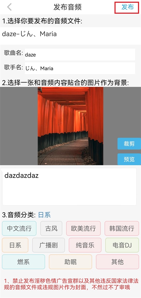 音频资料填写与发布截图