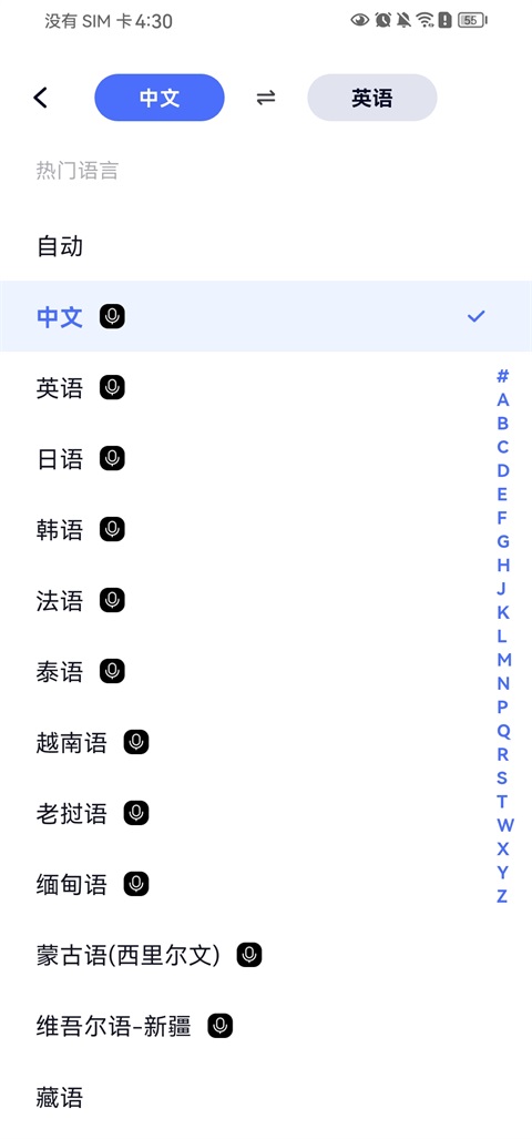 输入语种与目标语种切换截图